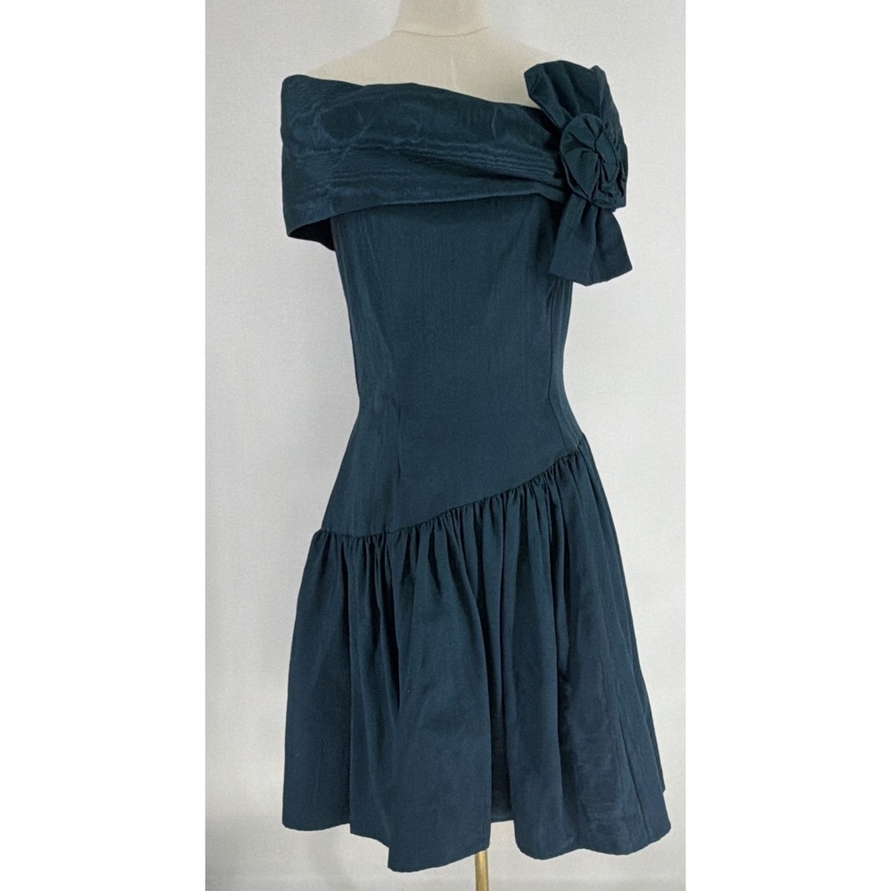 1980s Glam Gunne Sax Teal Off Shoulder Corset Big Bow Drop Waist Formal Cocktail